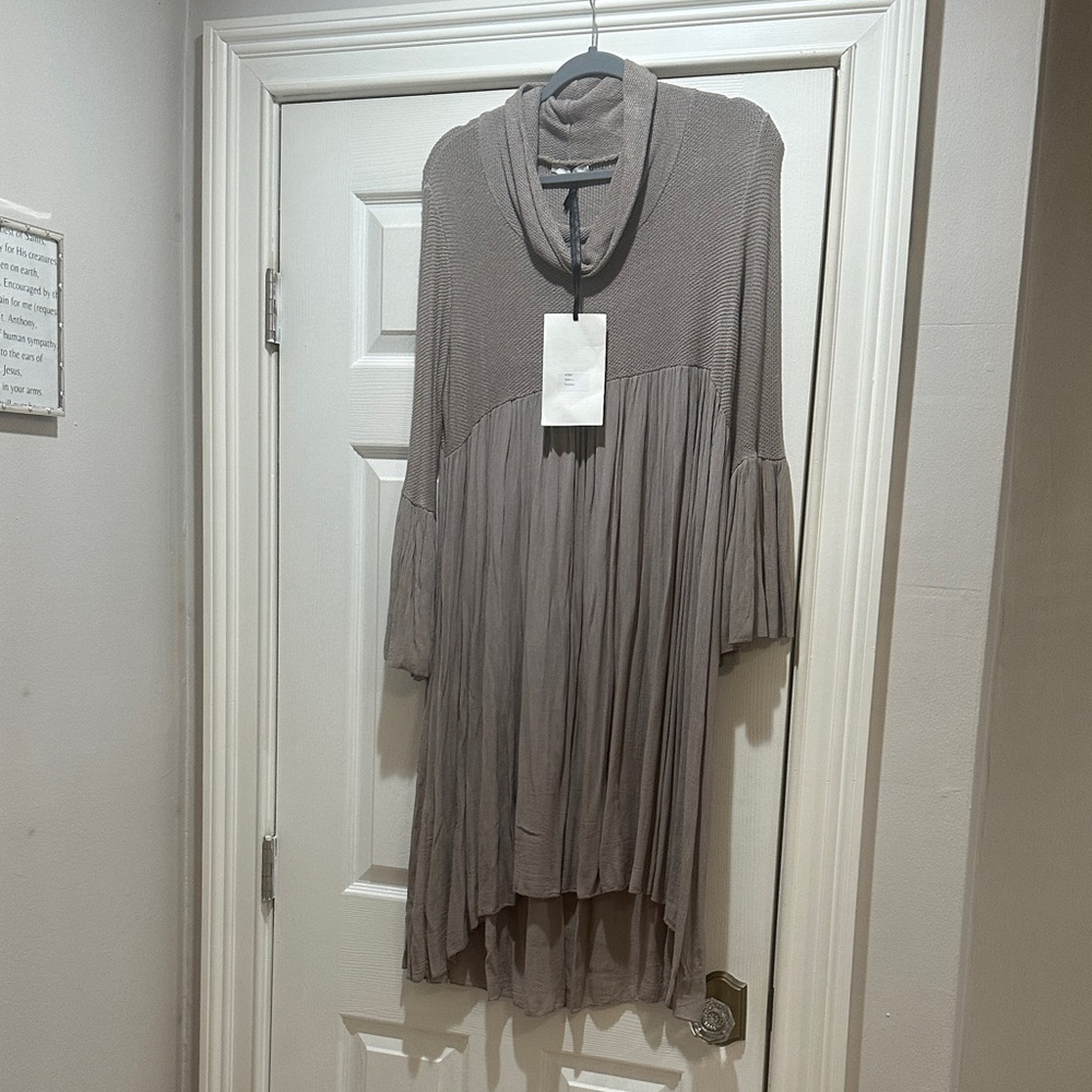 Lightweight Taupe Midi Dress with Cowl Neck